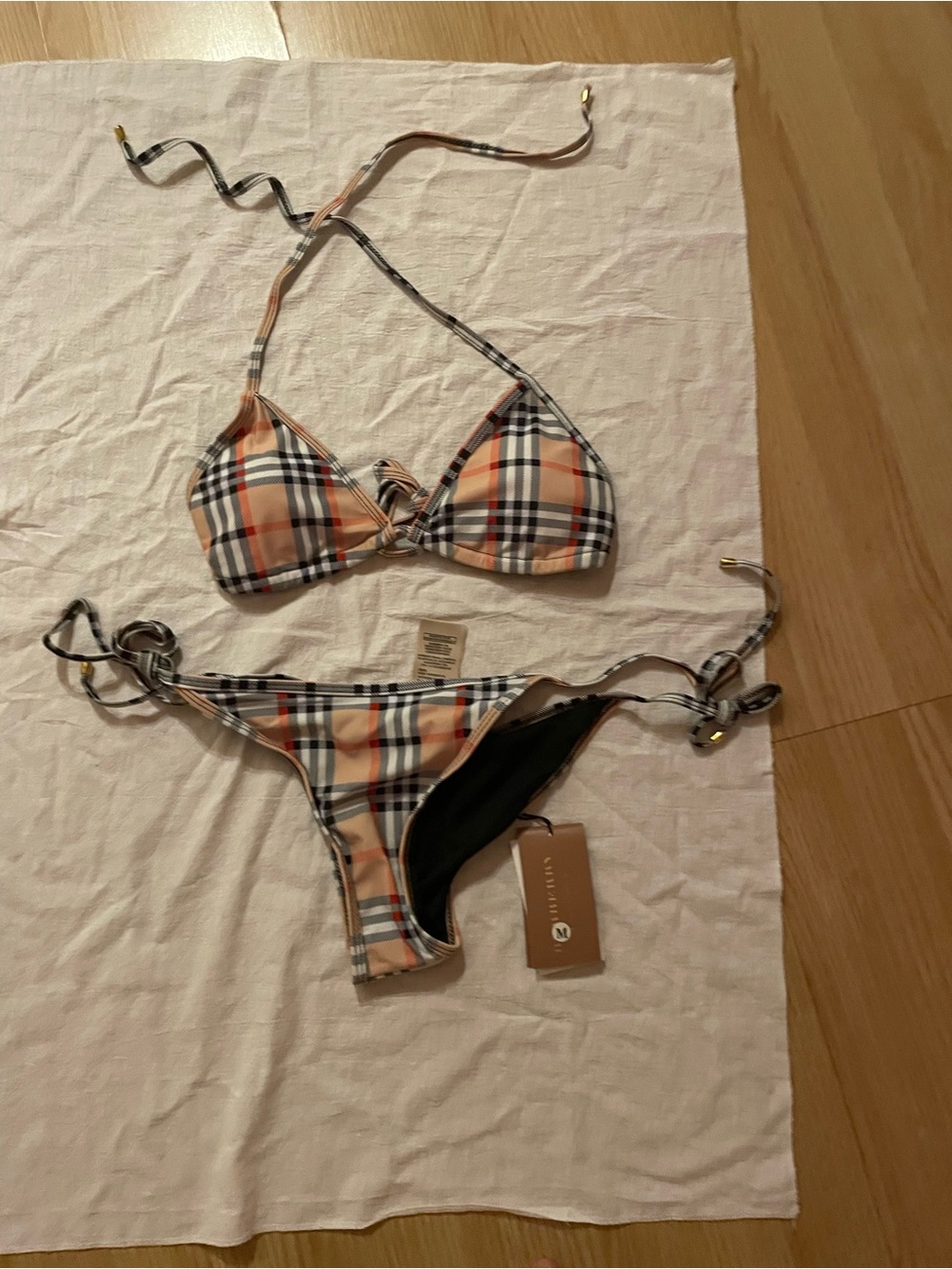 Burberry Peach Plaid Triangle Bikini Set
